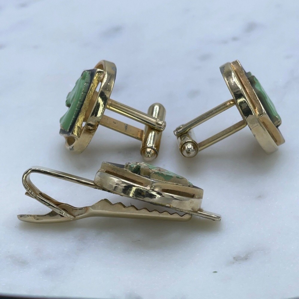 Vintage Men Gold Black Green 3D Horse Head Equestrian Cufflinks + Tie Clasp Clip - Picture 6 of 9